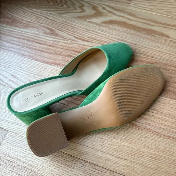 Reformation Green Suede Mules Chunky Heel 2.5 Inch Size 11 - Picture 8 of 8